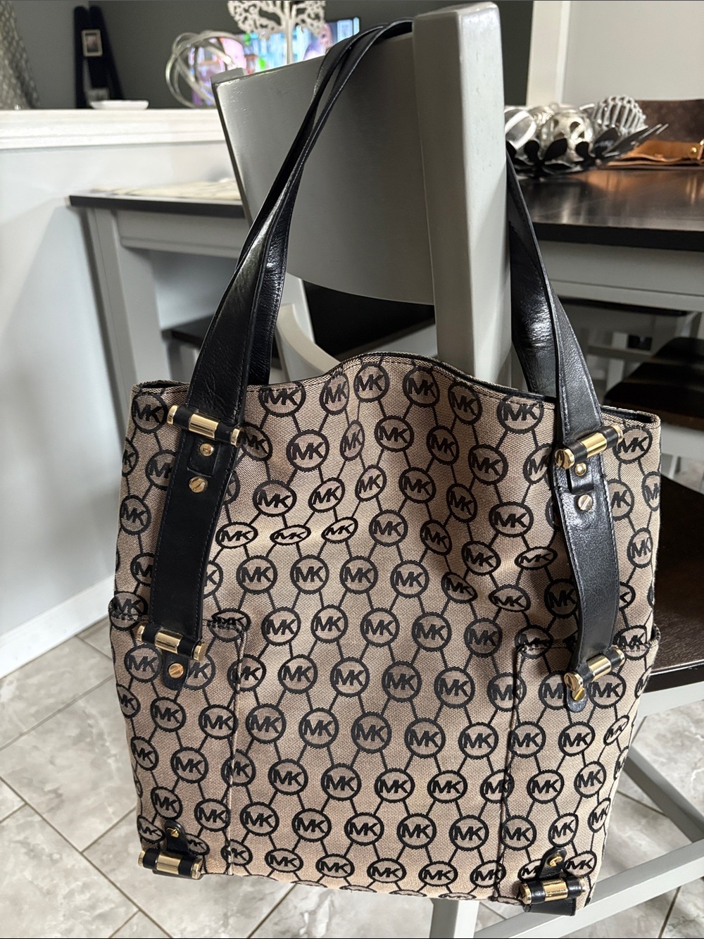 Michael Kors Beige MK Logo Canvas Tote with Black Leather Straps